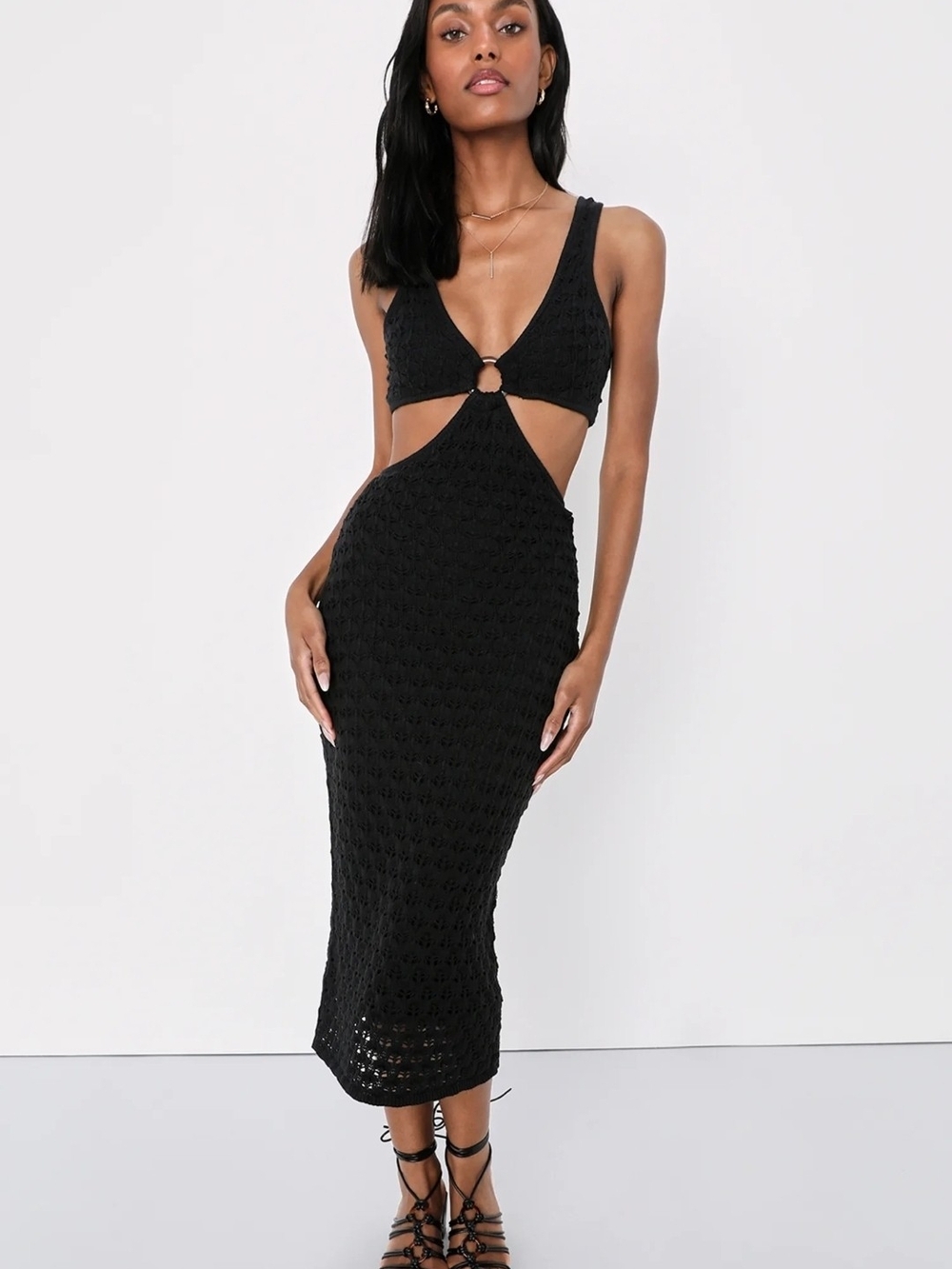 Lulus Beachside Bliss Black Knit Cutout Sleeveless Midi Dress Size Large